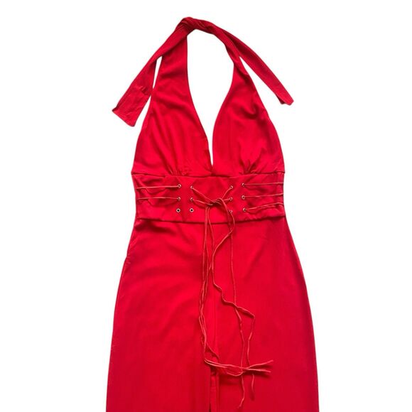 Vintage Y2K Hi Sense Halter Neck Flared Jumpsuit M Red Stretch Glam Festive - Picture 2 of 14